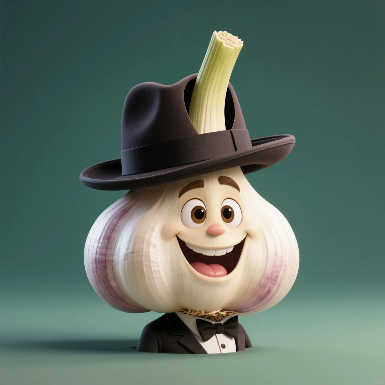 A CHARICATURE OF A GARLIC CLOVE WEARING A HIGH END ITALIAN FEDORA WITH THE TIP OF THE GARLIC CLOVE COMING THROUGH THE TOP SIDE OF THE HAT